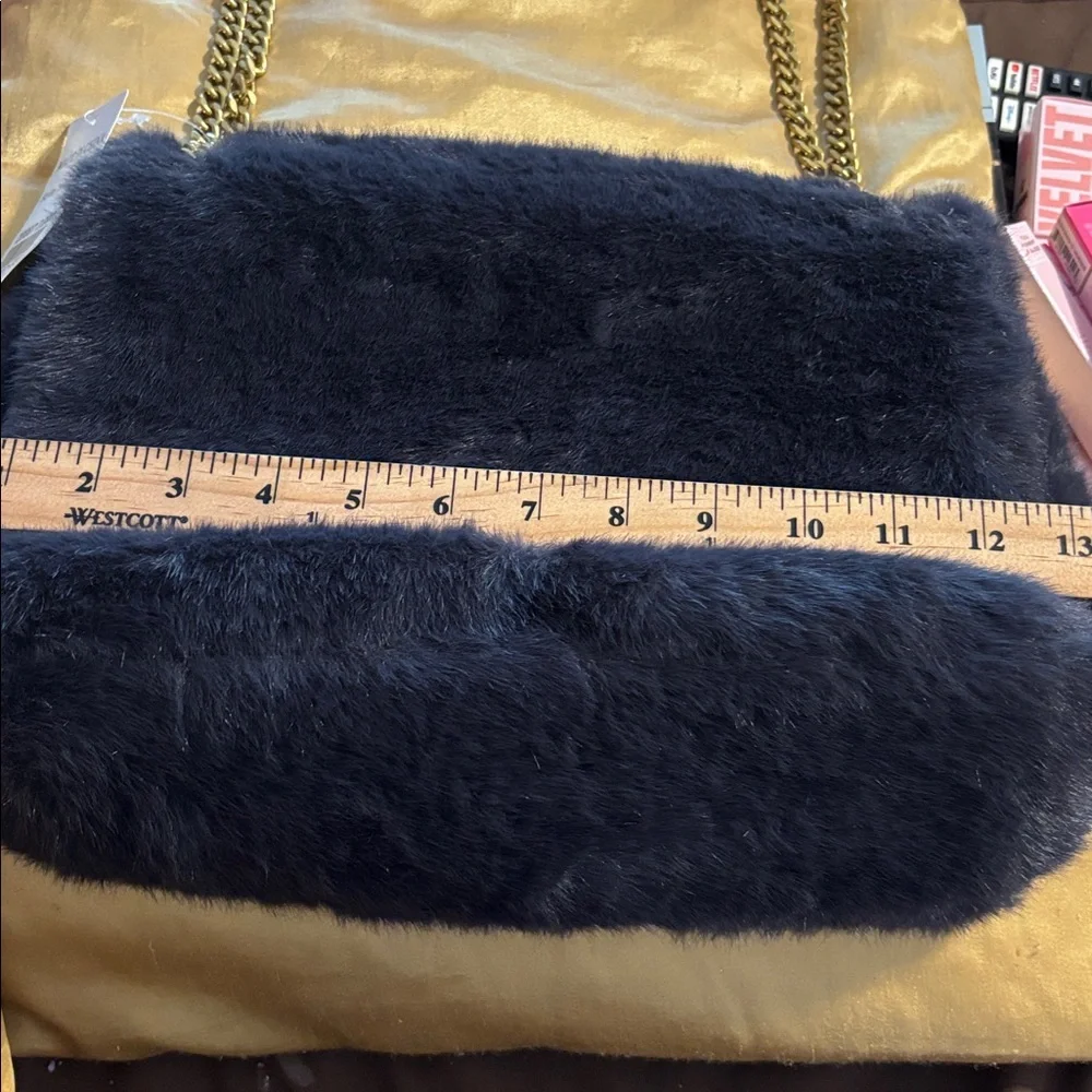 Elegant Black Faux Fur Shoulder Bag new Gold hardware